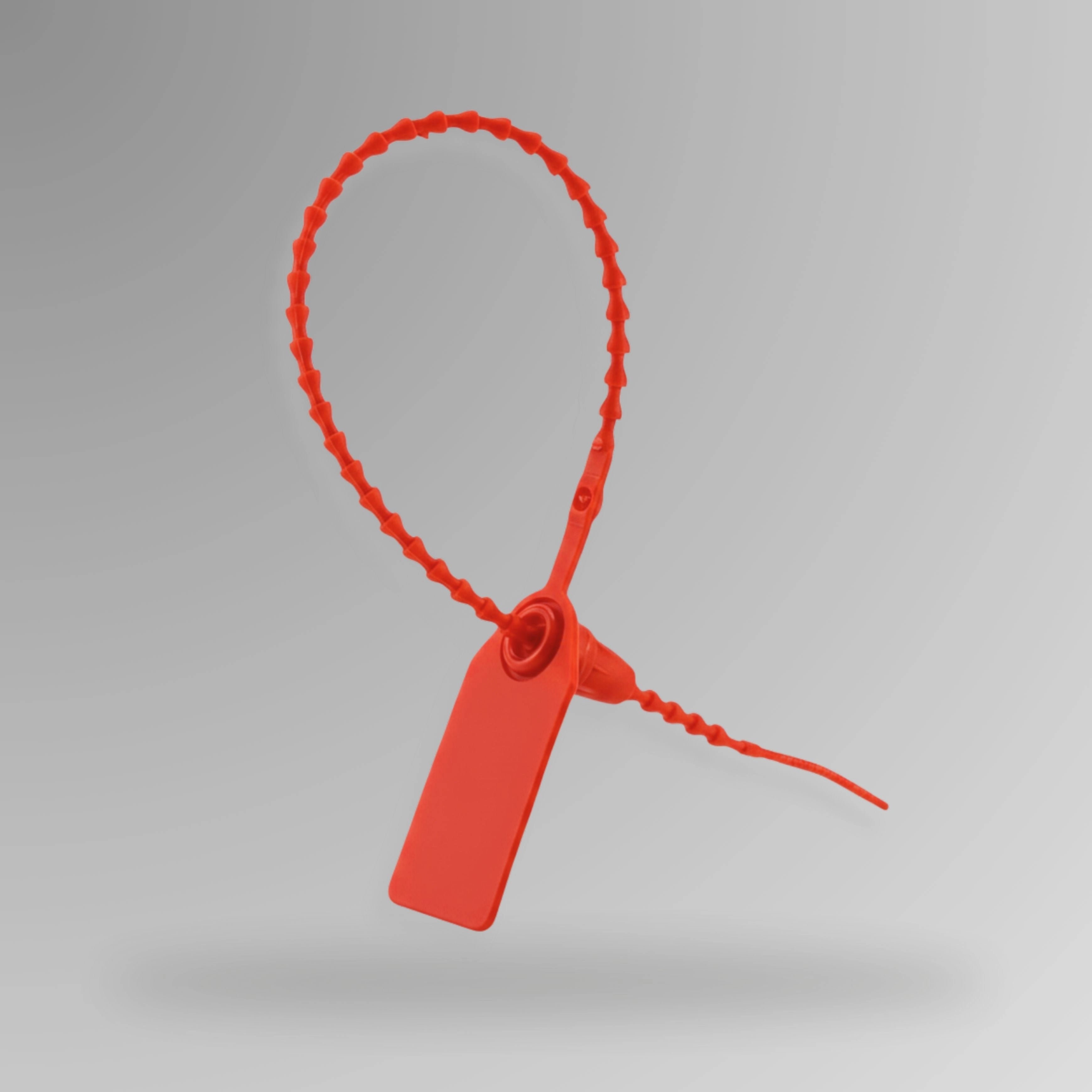 Red BST 213 tamper evident security pull tag shown upright displaying breakable seal and pull mechanism