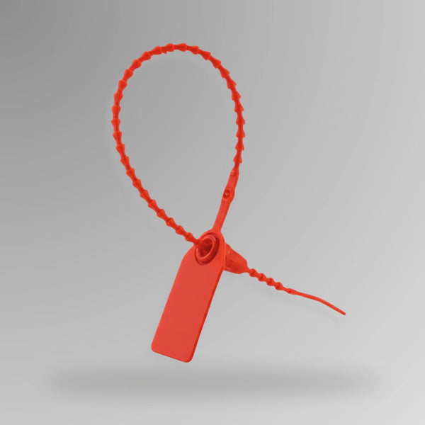 Red BST 213 tamper evident security pull tag shown upright displaying breakable seal and pull mechanism