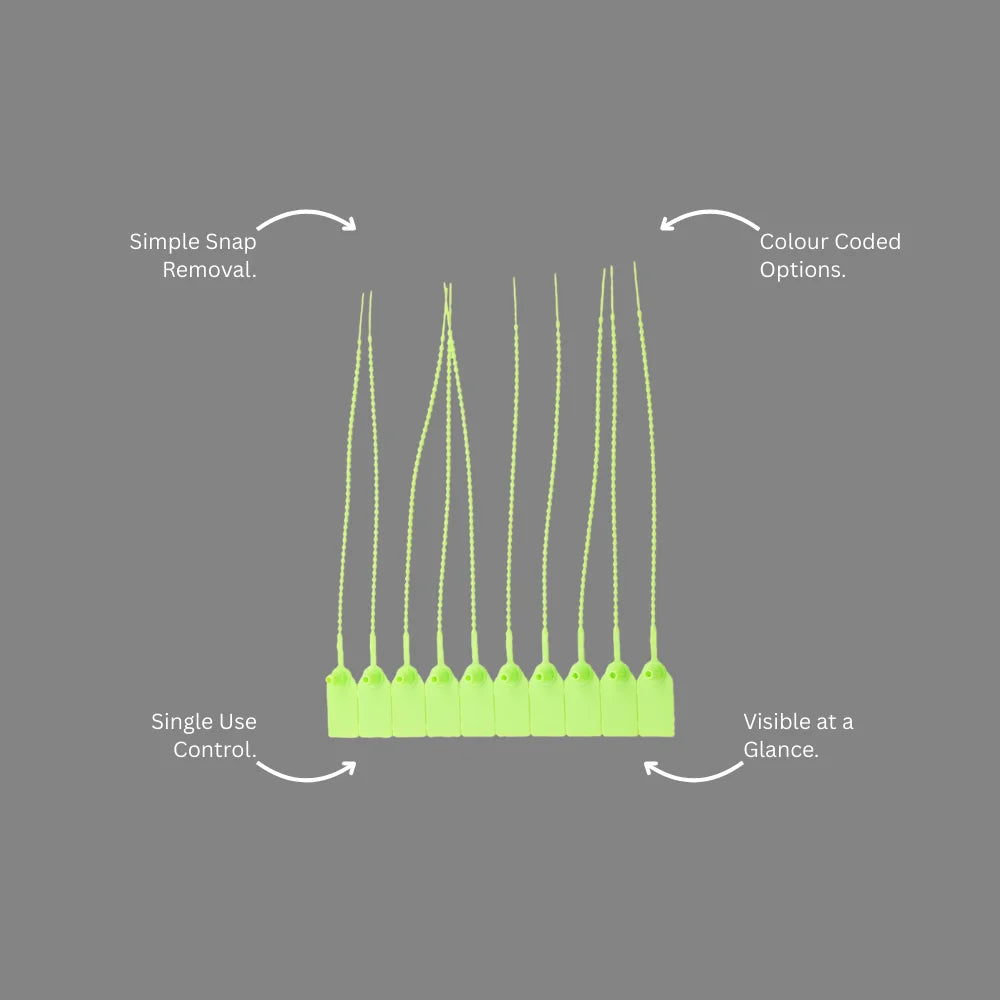 Benefits callout demonstrating BST 214 green security pull tag single use security and proof of access features
