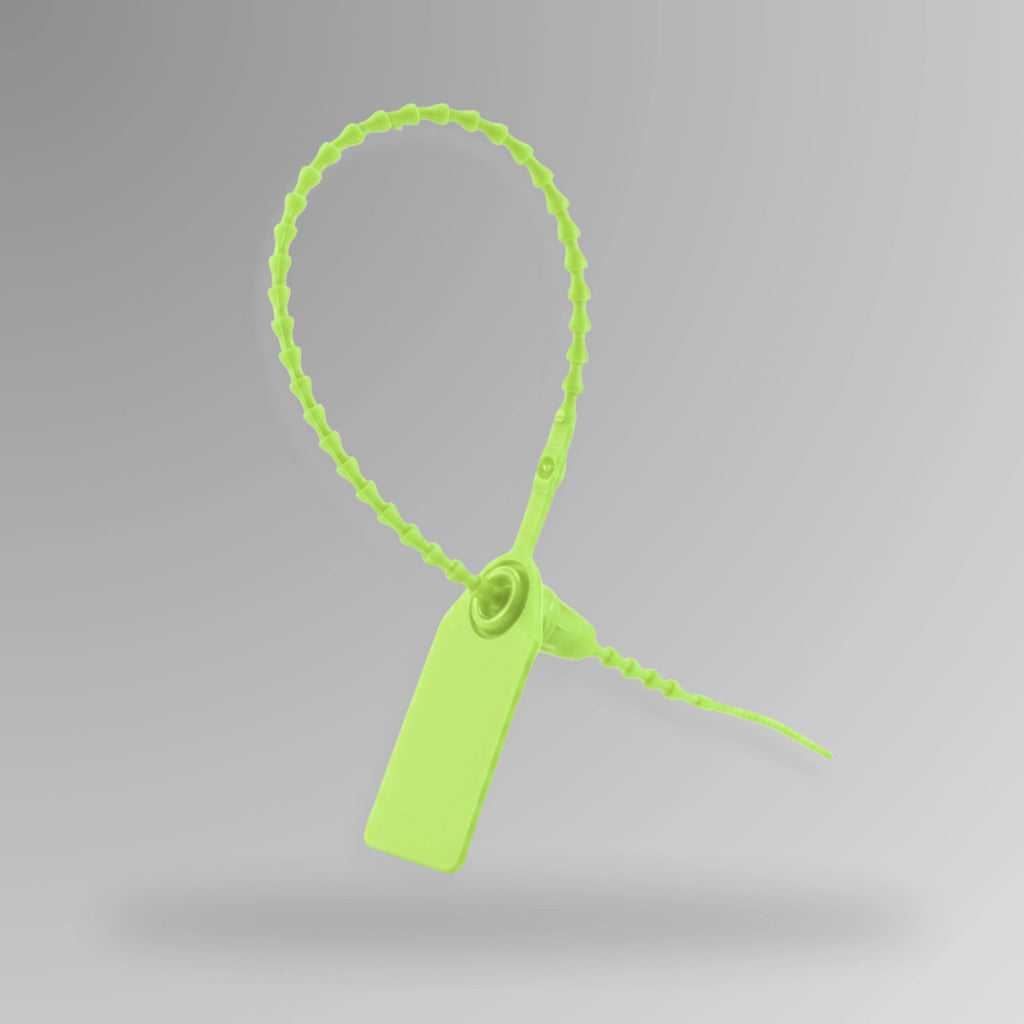 Green BST 214 tamper evident security pull tag displayed upright showing seal integrity and pull design
