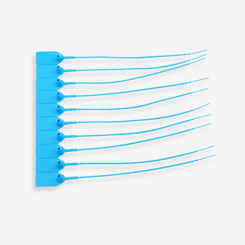 BST 215 blue security pull tag laid flat showing full 216 x 19mm size and break on use construction