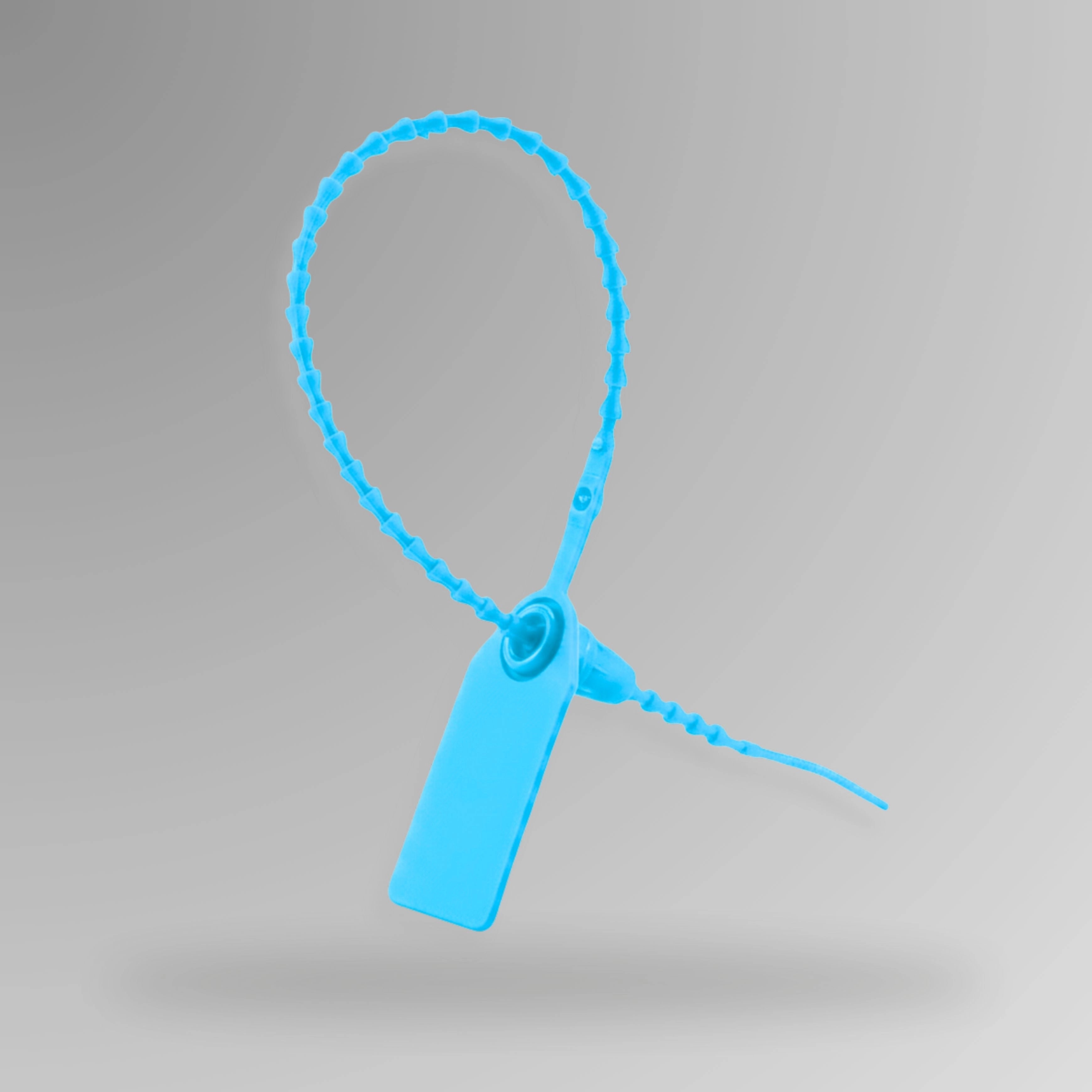 Blue BST 215 tamper evident security pull tag shown upright displaying snap off mechanism and secure seal