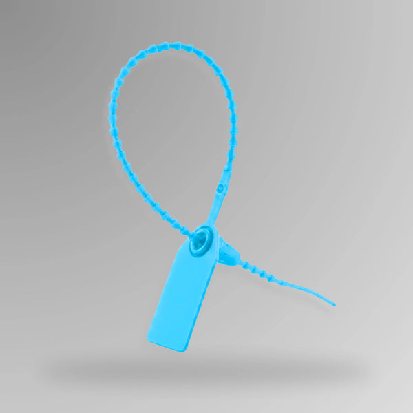 Blue BST 215 tamper evident security pull tag shown upright displaying snap off mechanism and secure seal
