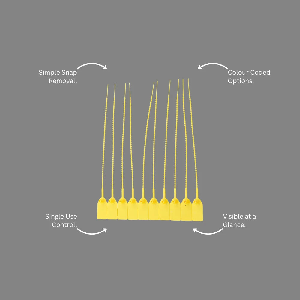 Benefits callout presenting BST 216 yellow security pull tag equipment sealing and safety tracking capabilities
