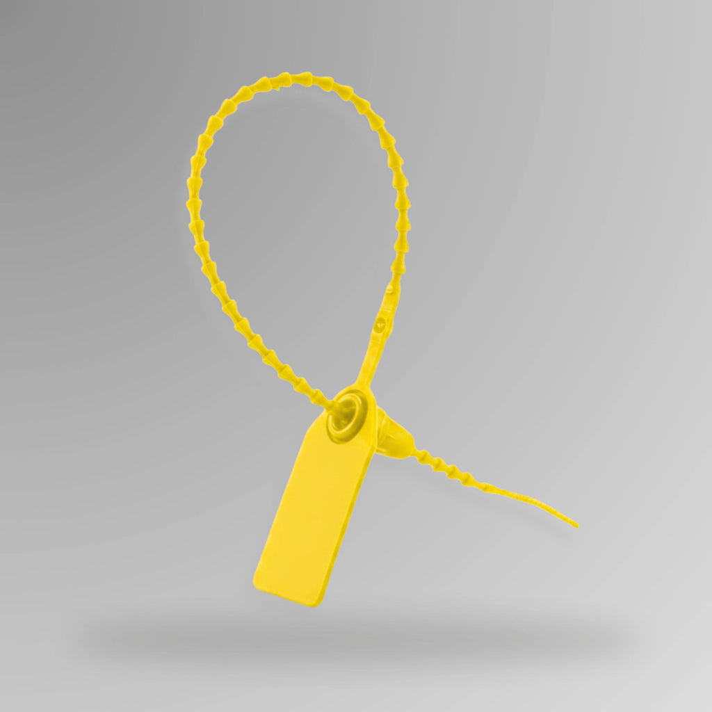 Yellow BST 216 tamper evident security pull tag displayed upright showing breakable seal and security features