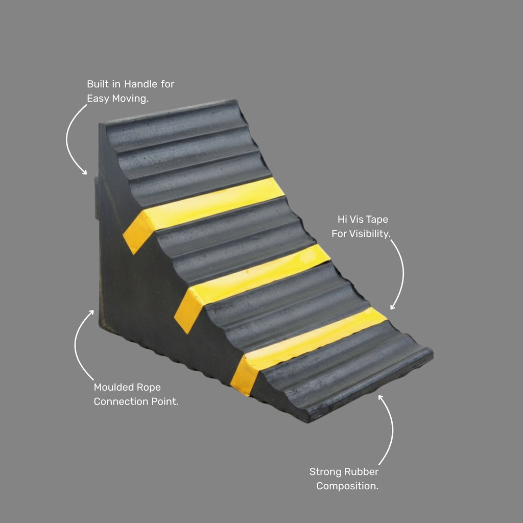BVS 001 Rubberised Wheel Chocks benefits callout showing 5t to 10t rating, built-in handle, rope connection point, yellow visibility strips and tyre grip surface. Supplied as a pair. Brute Safety Products.