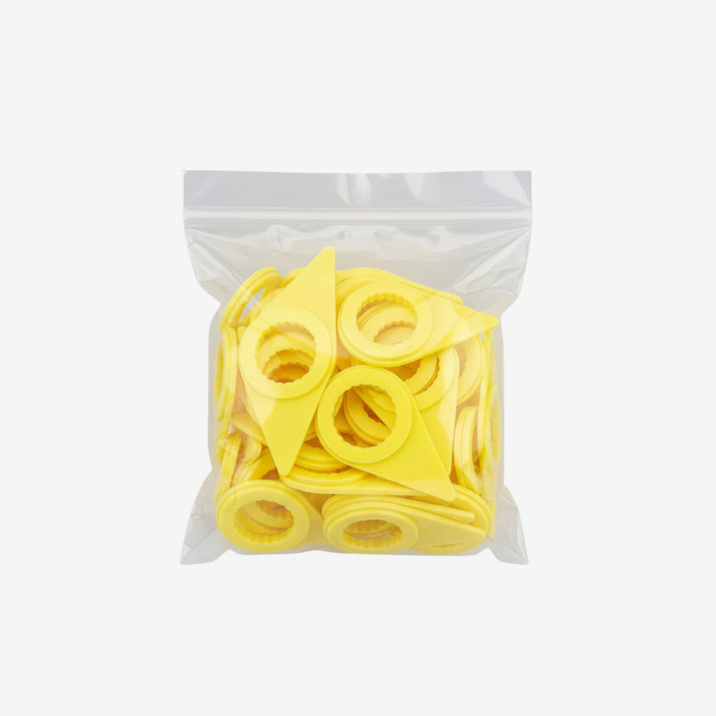 Layflat arrangement displaying 19mm ring style wheel nut indicators with clear size markings on each piece in bag of 100