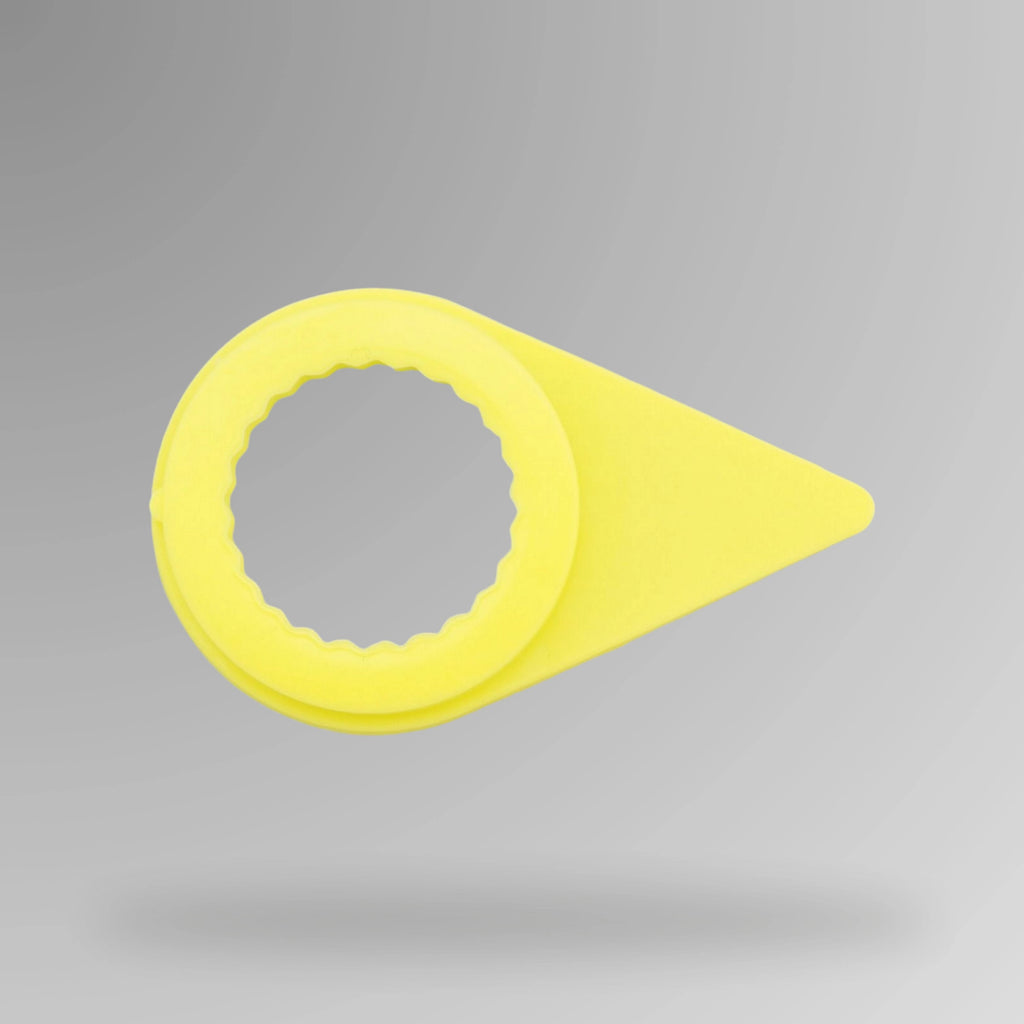 Upright view of coloured ring style wheel nut indicators showing 19mm size with visible size markings for wheel nut monitoring