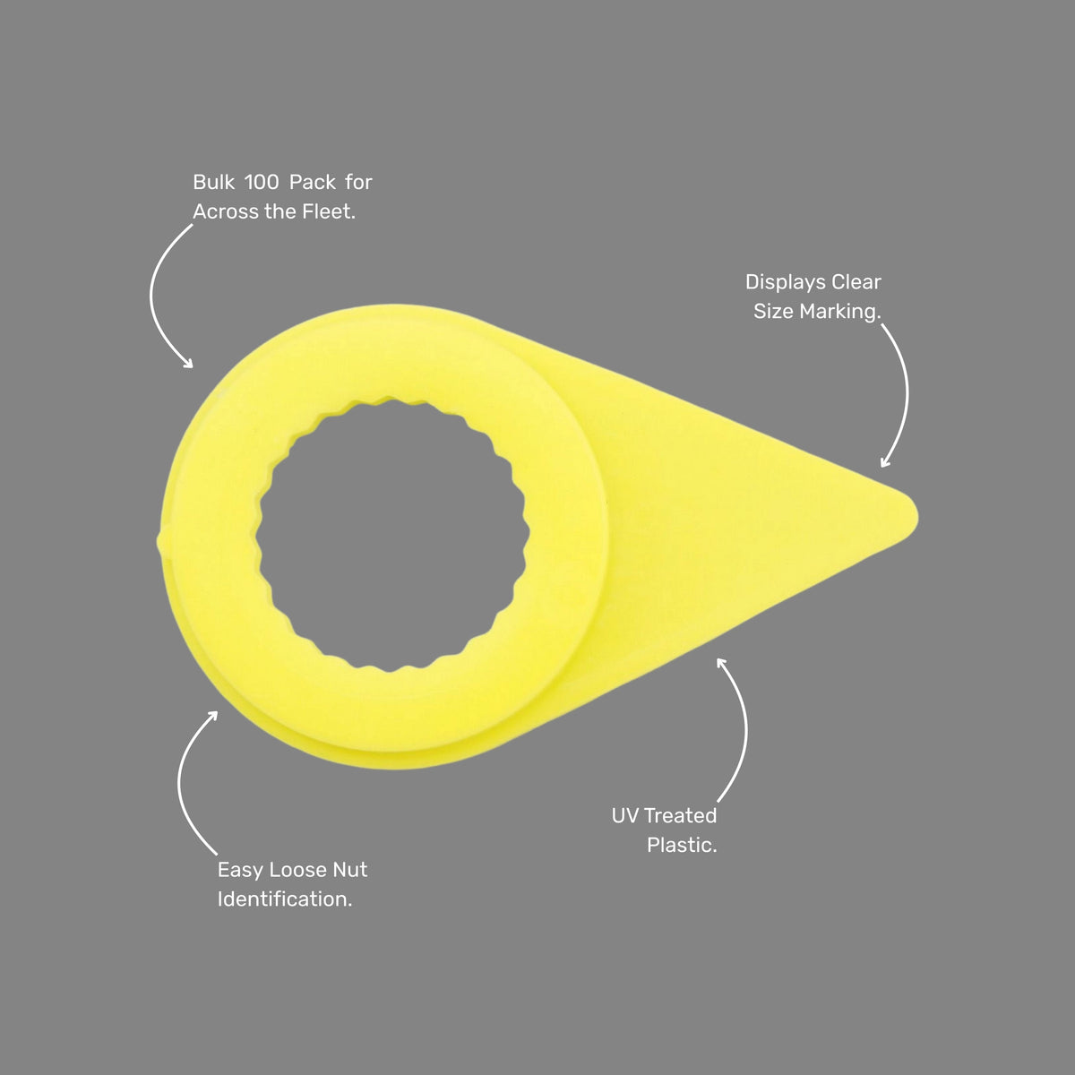 Benefits callout emphasising easy installation, visual loosening detection, 21mm size marking, and bulk packaging of 100 pieces per bag