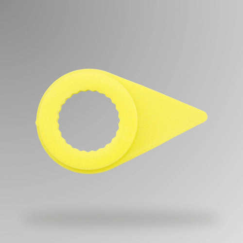 Upright view of coloured ring style wheel nut indicators showing 21mm size with visible size markings for wheel nut monitoring