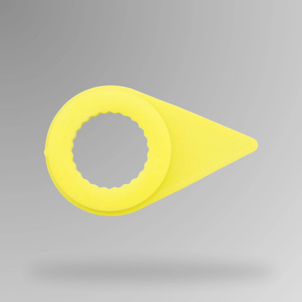 Upright view of coloured ring style wheel nut indicators showing 21mm size with visible size markings for wheel nut monitoring