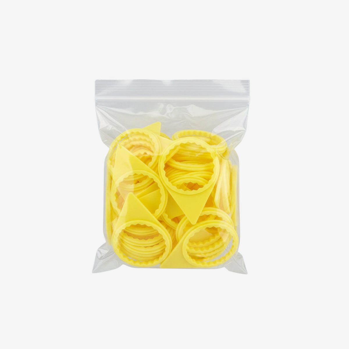 Layflat arrangement displaying 33mm ring style wheel nut indicators with clear size markings on each piece in bag of 100