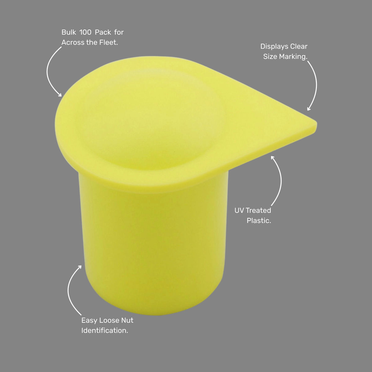 Benefits callout emphasising easy installation, visual loosening detection, 19mm size marking, and bulk packaging of 100 pieces per bag