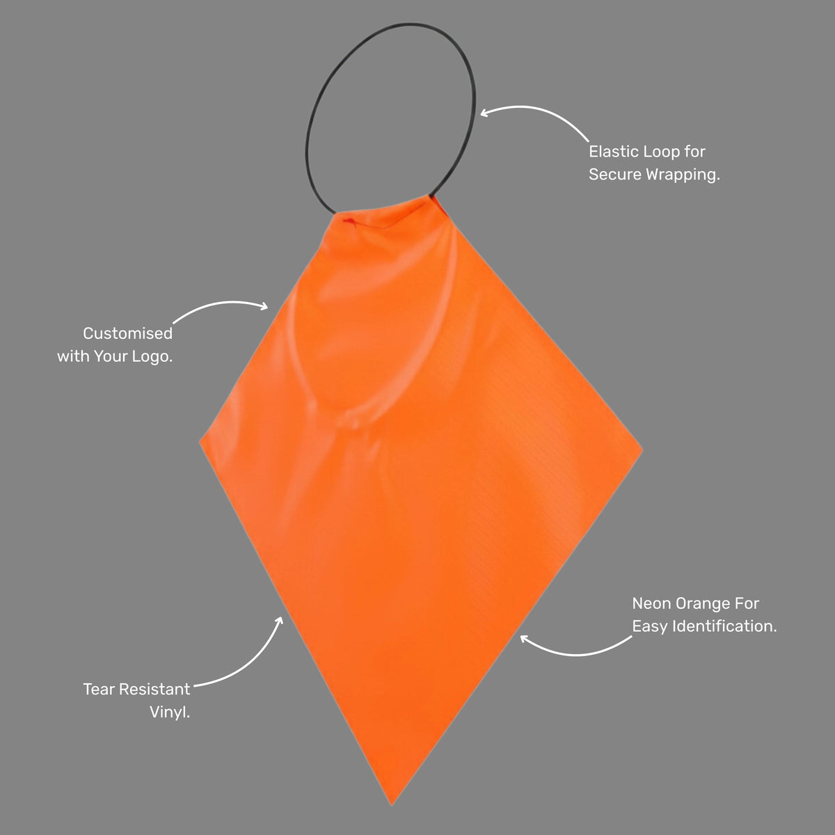 Benefits callout highlighting high visibility neon orange colour, secure elastic loop attachment, and compliance marking for extended vehicle loads