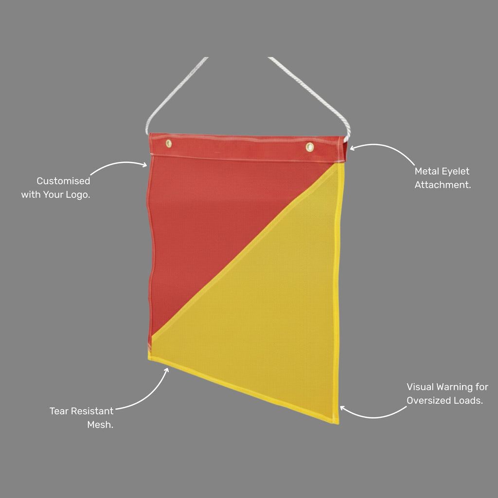 Benefits callout emphasising high contrast colour scheme, durable metal eyelet attachments, and compliance marking for oversized vehicle loads