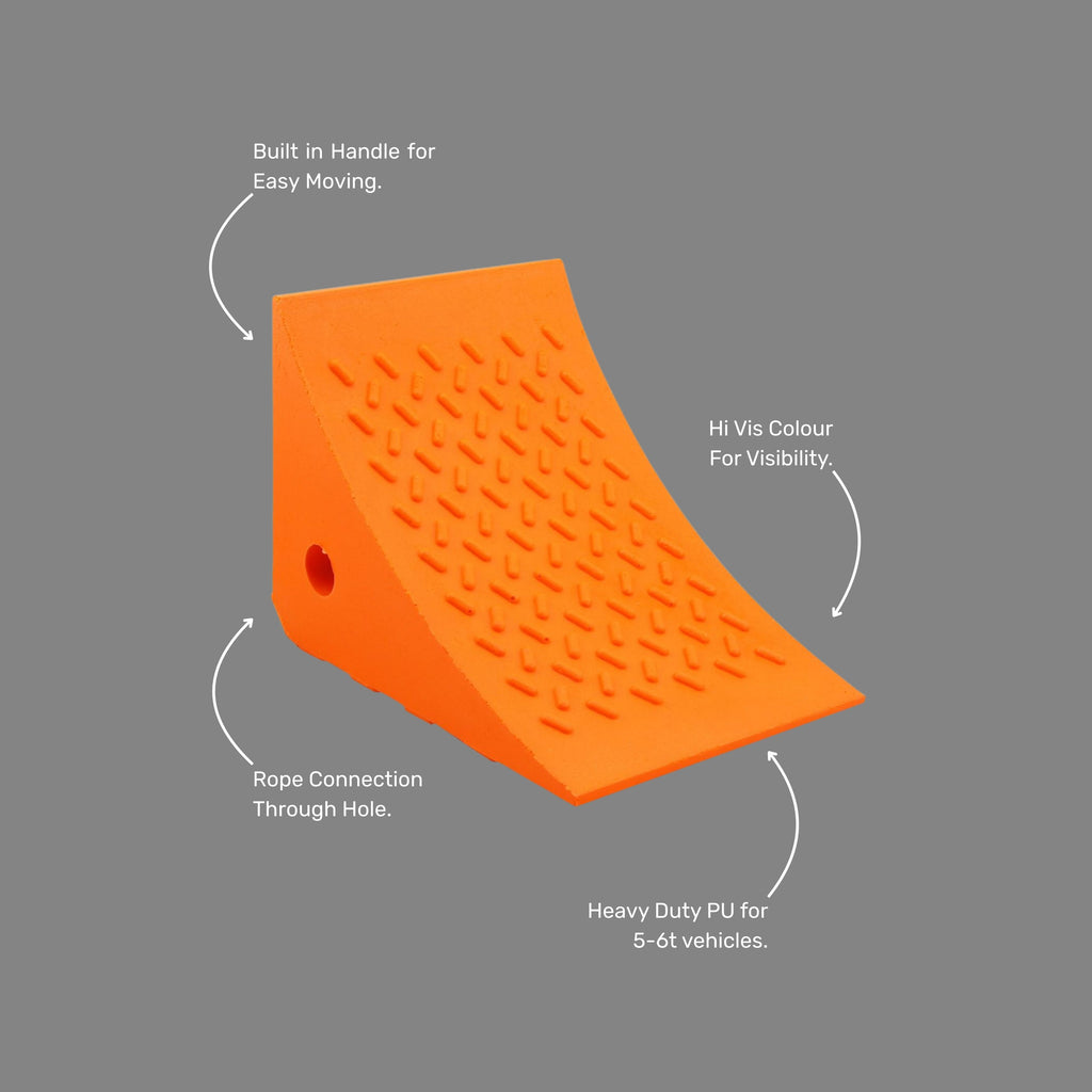 BVS 012 PU Wheel Chocks 5t to 6t Rated benefits callout showing rating, built-in handle, rope connection through-hole, compact storage design and suitability for heavy duty and light vehicles. Supplied as a pair. Brute Safety Products.