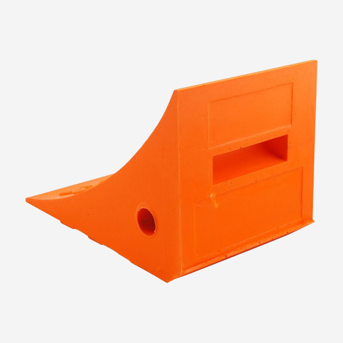 Orange PU Wheel Chock 5t to 6t Rated shown layflat, highlighting the ribbed gripping surface, compact profile and rope connection through-hole. 200 x 174 x 147 mm. BVS 012. Brute Safety Products.