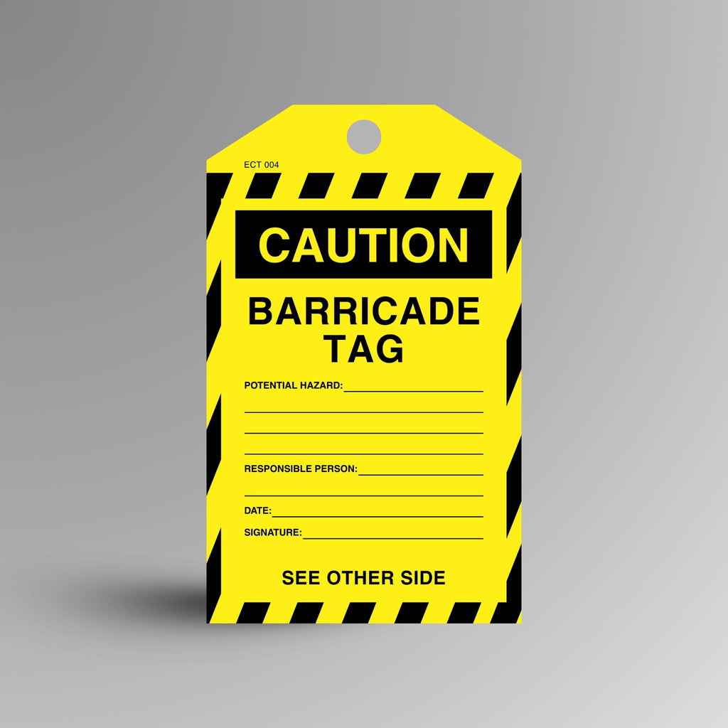 Yellow and black CAUTION Barricade safety tag on a gradient background, showing name, description, date and signature fields.