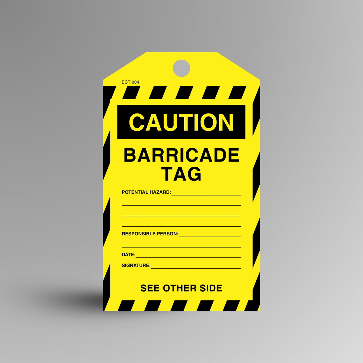 Yellow and black CAUTION Barricade safety tag on a gradient background, showing name, description, date and signature fields.