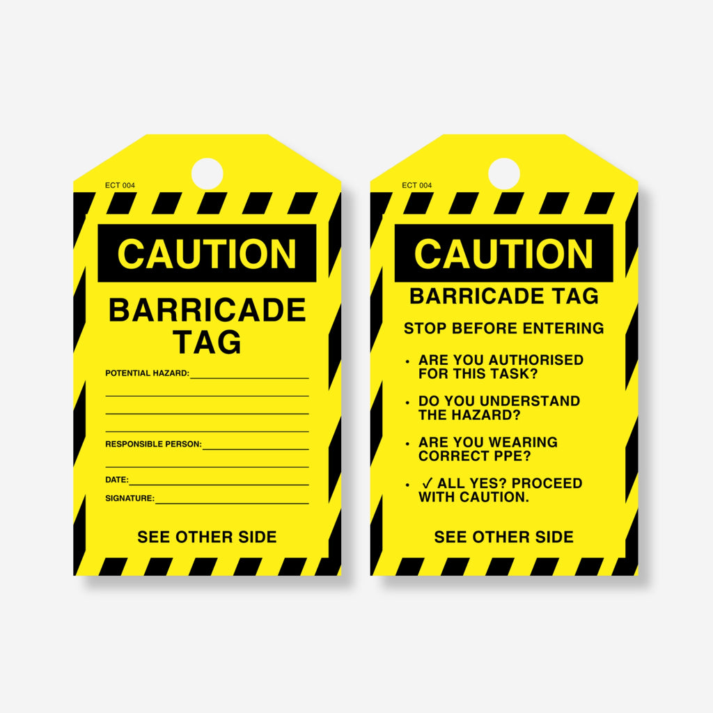 Front and back view of the Caution Barricade tag, showing sign-off fields on the front and a remarks section with "Do Not Remove This Tag" warning on the back.