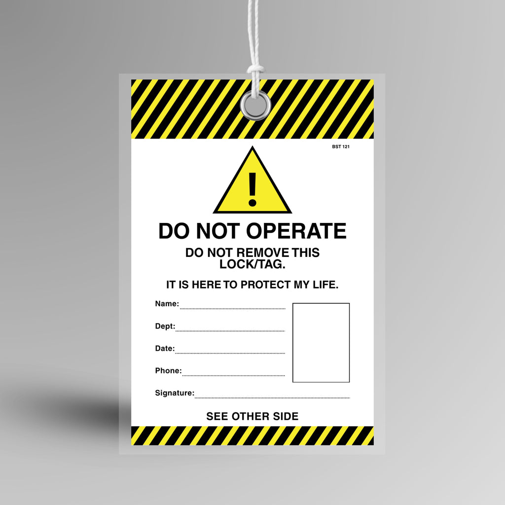 Yellow and black Caution Do Not Operate lockout tag with photo ID panel and fields for name, department, date, phone and signature. Features 8mm reinforced metal eyelet, tearproof synthetic stock, plastic tamper proof shield and weatherproof no fade ink.