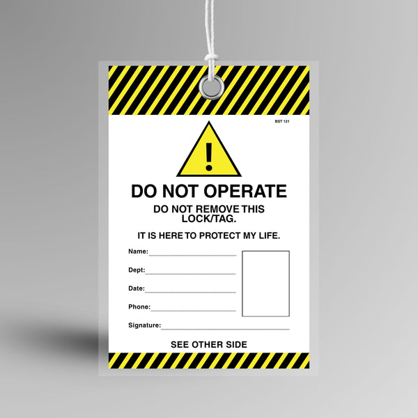 Yellow and black Caution Do Not Operate lockout tag with photo ID panel and fields for name, department, date, phone and signature. Features 8mm reinforced metal eyelet, tearproof synthetic stock, plastic tamper proof shield and weatherproof no fade ink.