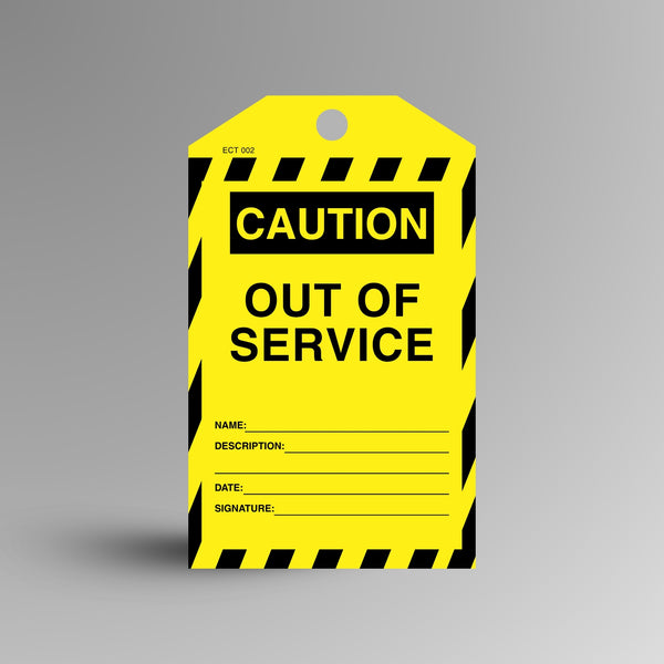 Yellow and black CAUTION Out of Service safety tag on a gradient background, showing name, description, date and signature fields.