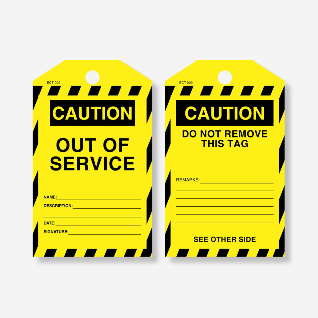 Front and back view of the Caution Out of Service tag, showing sign-off fields on the front and a remarks section with "Do Not Remove This Tag" warning on the back.