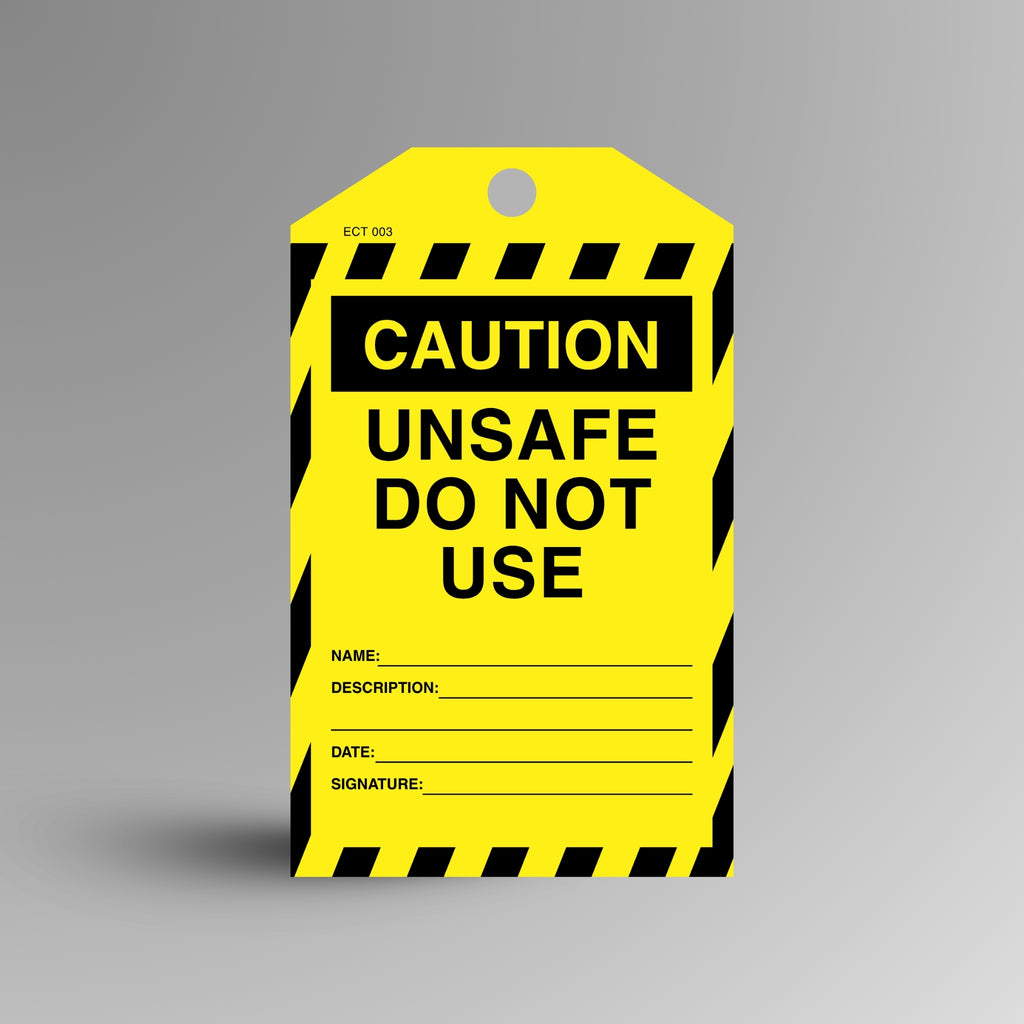Yellow and black CAUTION Unsafe Do Not Use safety tag on a gradient background, showing name, description, date and signature fields.