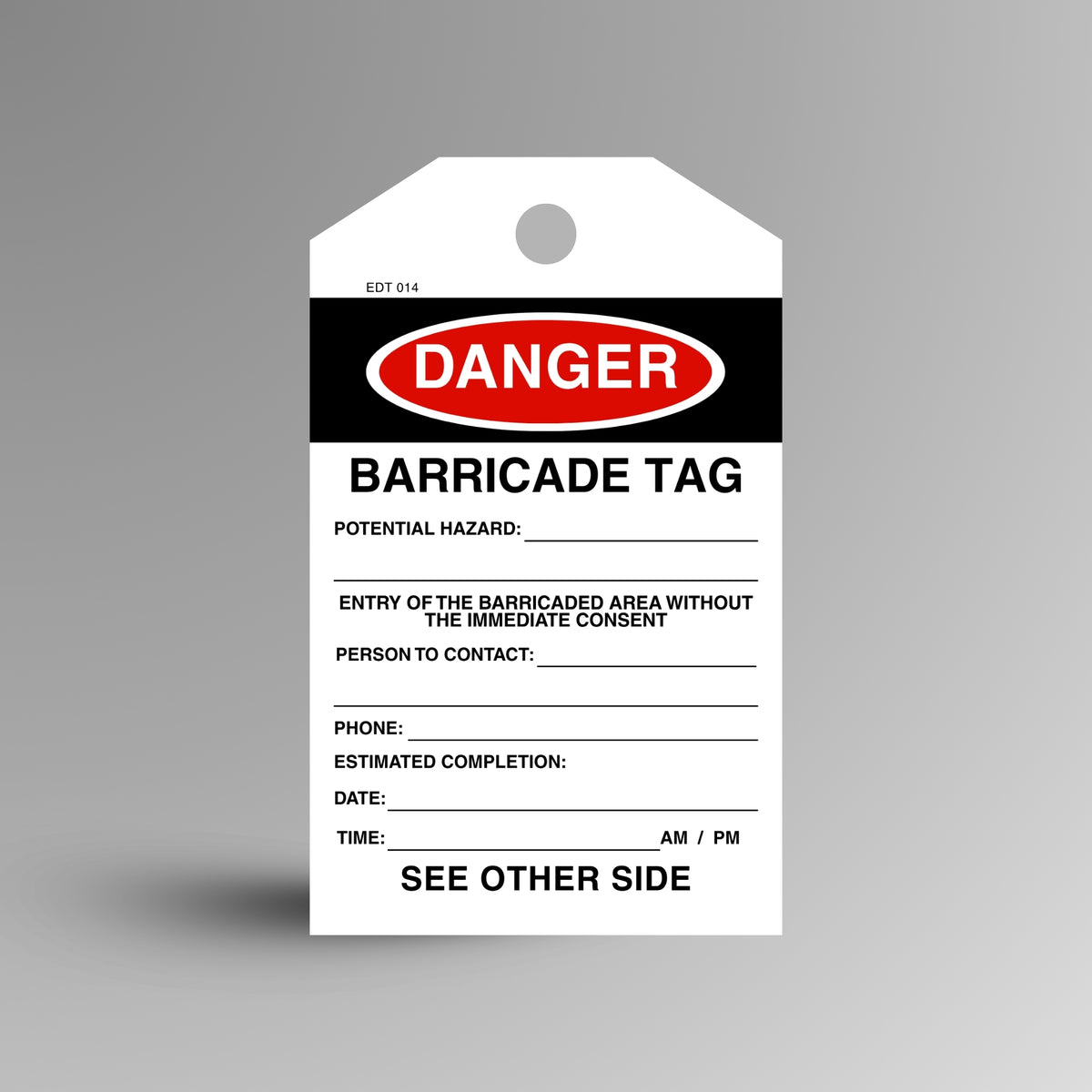 Red and black DANGER Barricade safety tag on a gradient background, showing name, description, date and signature fields.