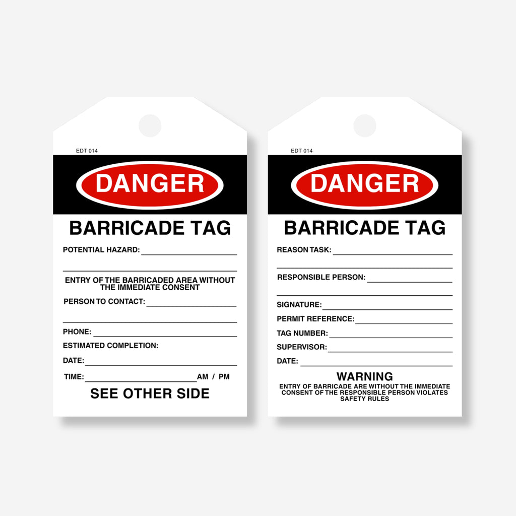 Front and back view of the Danger Barricade tag, showing sign-off fields on the front and a remarks section with "Do Not Remove This Tag" warning on the back.