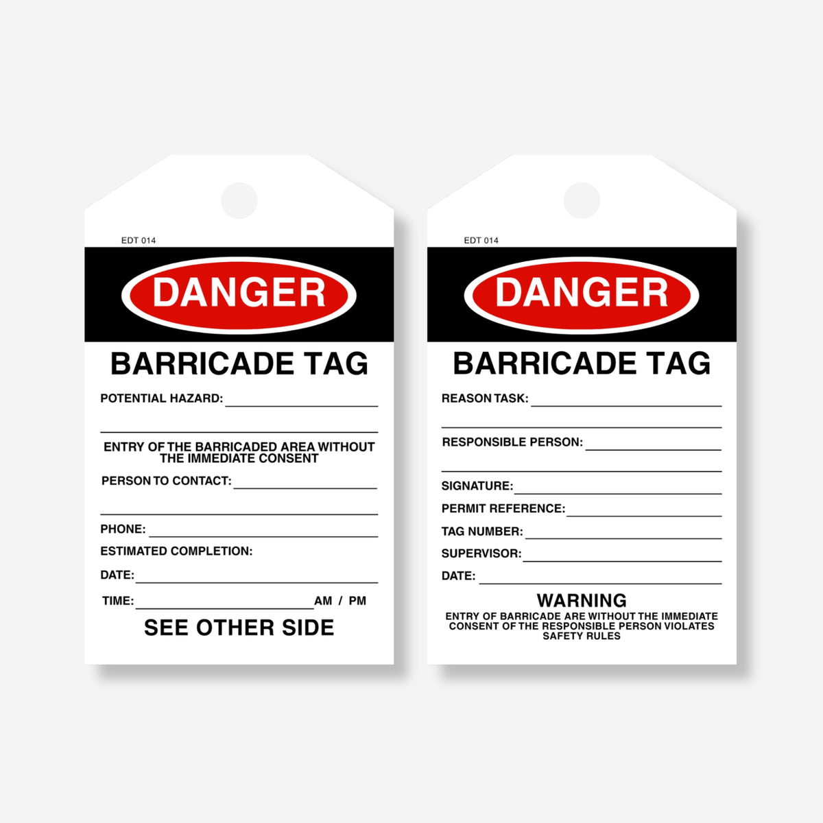 Front and back view of the Danger Barricade tag, showing sign-off fields on the front and a remarks section with "Do Not Remove This Tag" warning on the back.