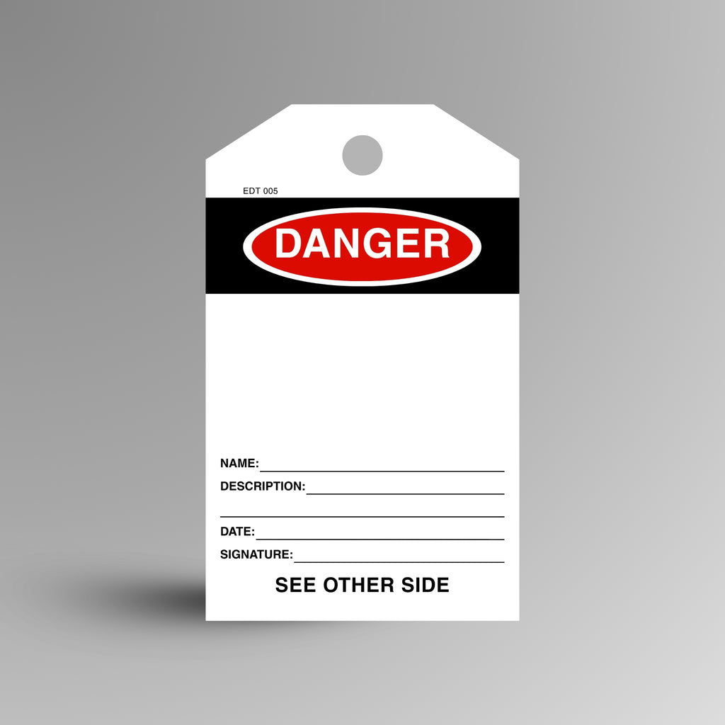 Red and black DANGER blank safety tag on a gradient background, showing open writing space with name, description, date and signature fields.