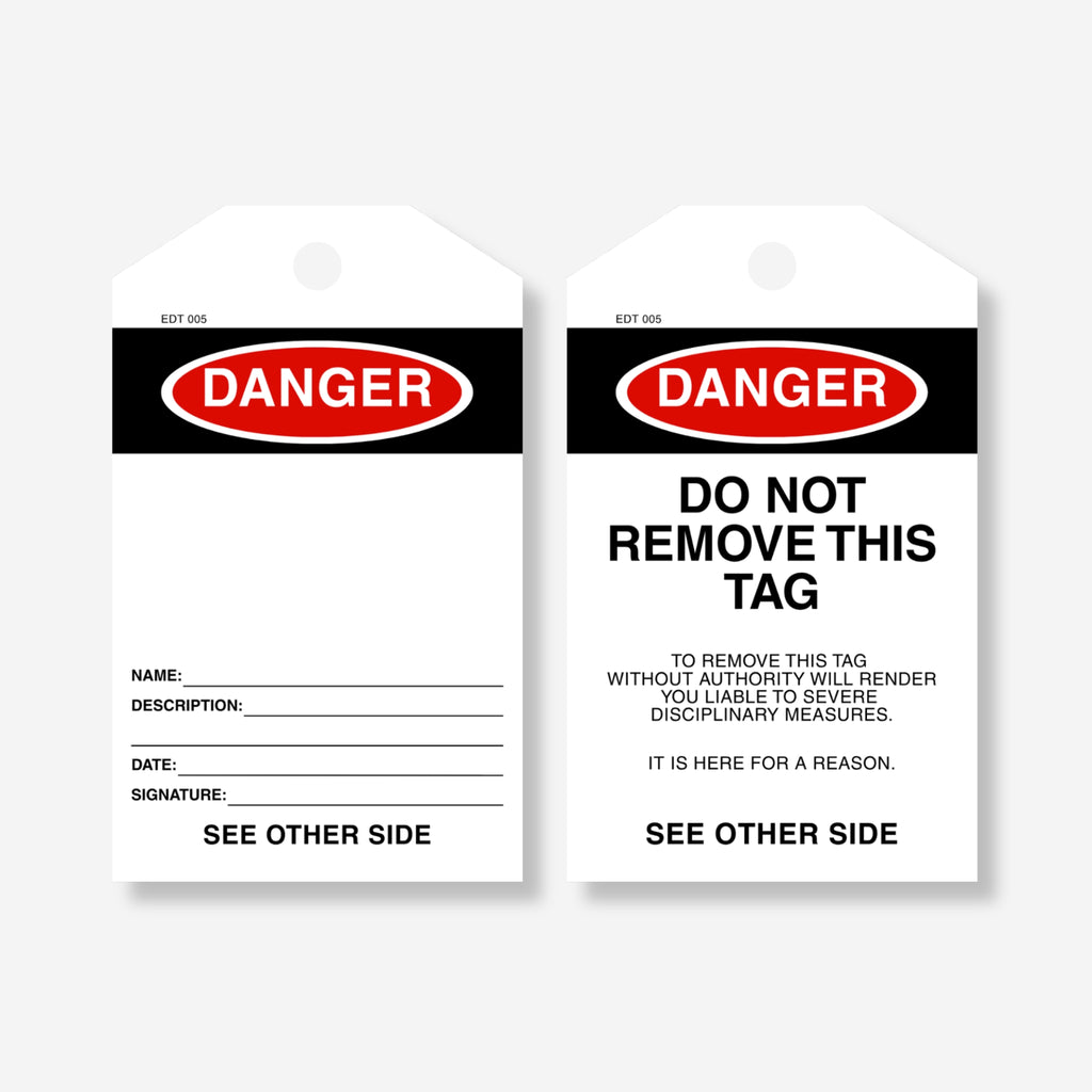 Front and back view of the Danger blank tag, showing sign-off fields on the front and a remarks section with "Do Not Remove This Tag" warning on the back.