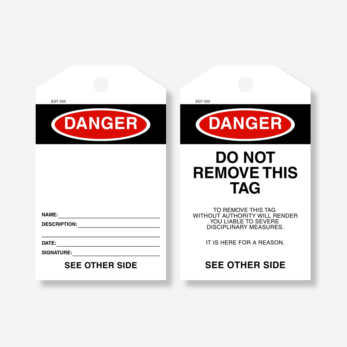 Front and back view of the Danger blank tag, showing sign-off fields on the front and a remarks section with "Do Not Remove This Tag" warning on the back.