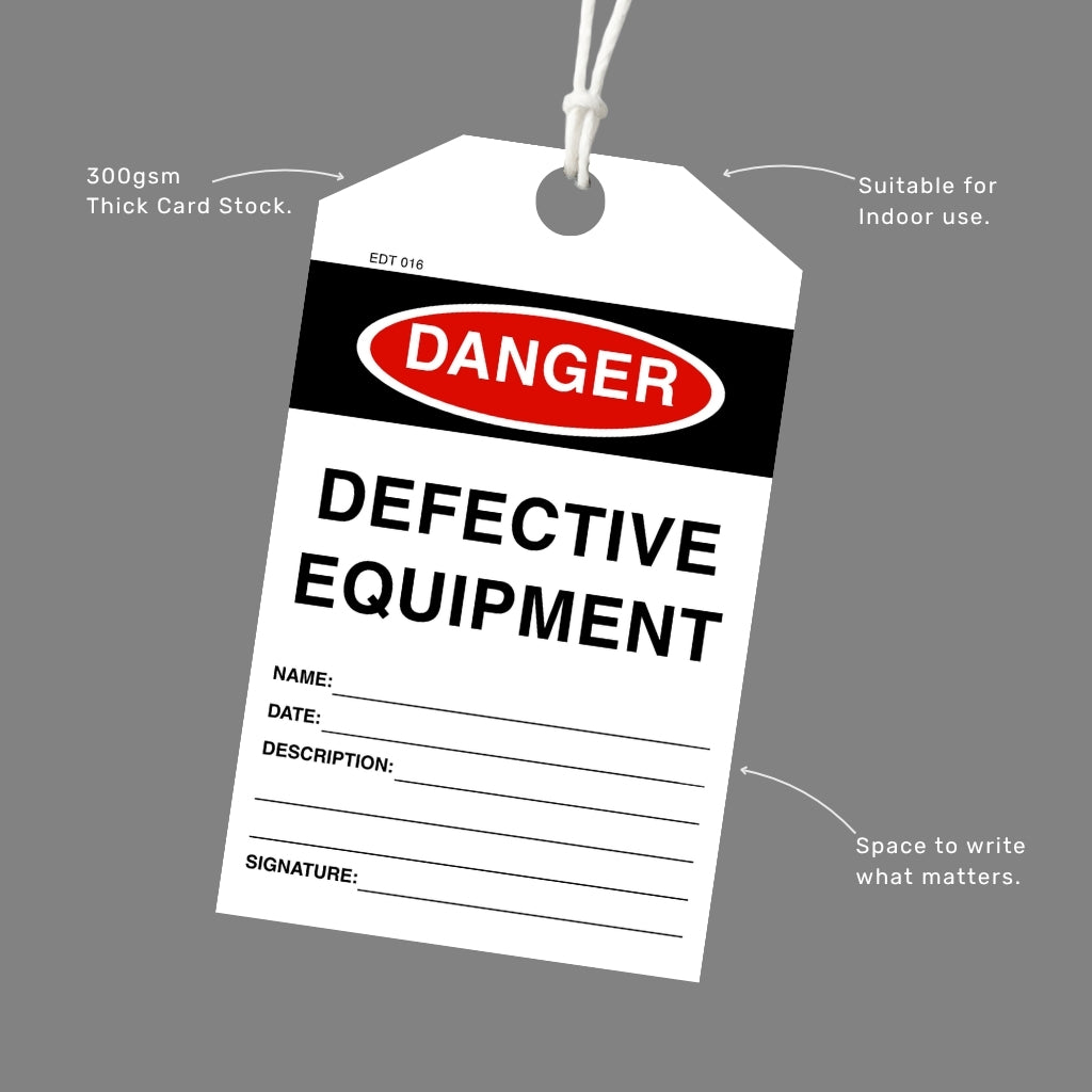 Danger Defective Equipment tag printed on 300gsm thick card stock with an attached white cord, callout labels highlighting indoor suitability and write-in fields.