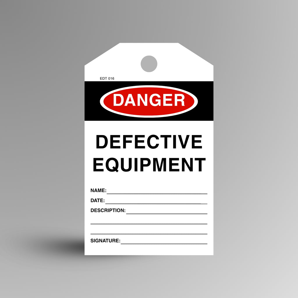Red and black DANGER Defective Equipment safety tag on a gradient background, showing name, description, date and signature fields.