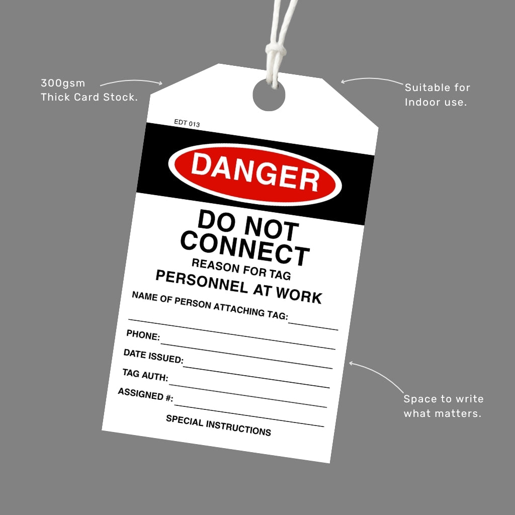 Front and back view of the Danger Do Not Connect tag, showing sign-off fields on the front and a remarks section with "Do Not Remove This Tag" warning on the back.
