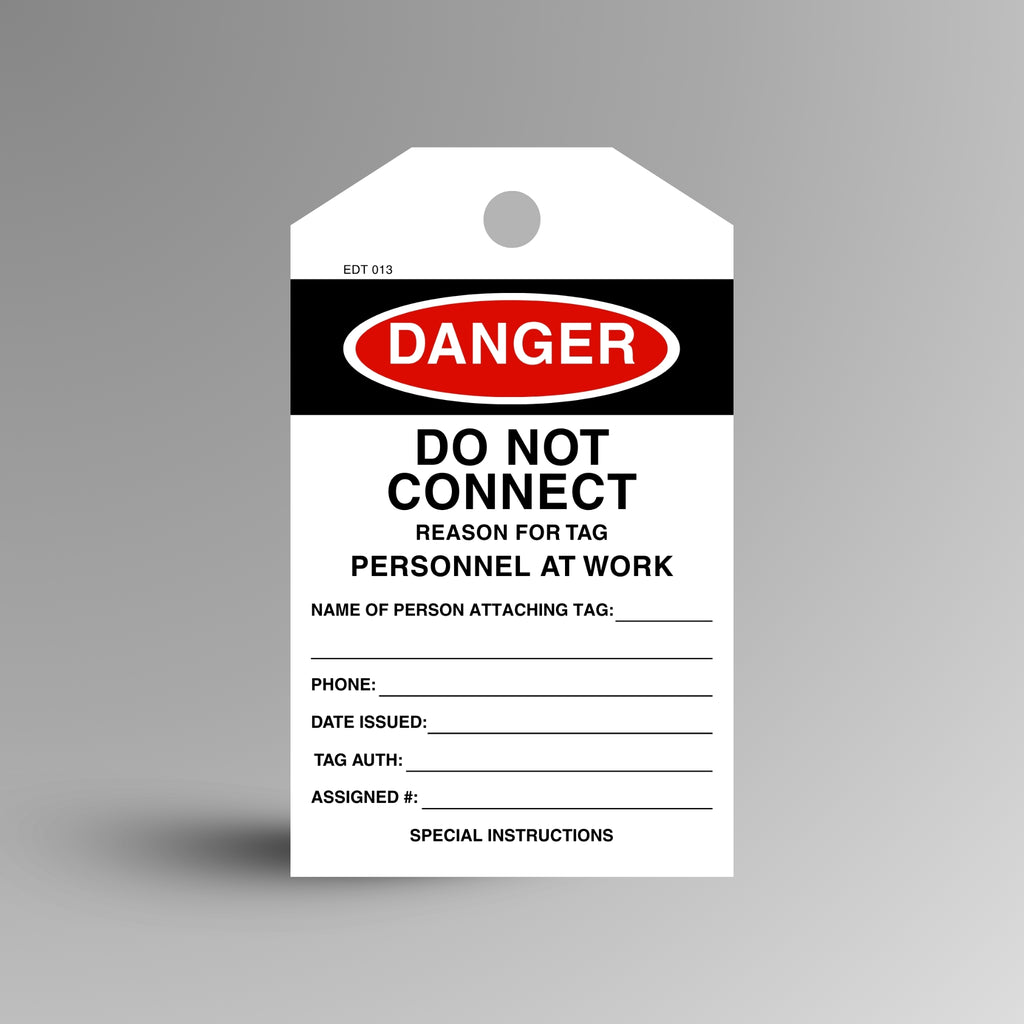 Red and black DANGER Do Not Connect safety tag on a gradient background, showing name, description, date and signature fields.