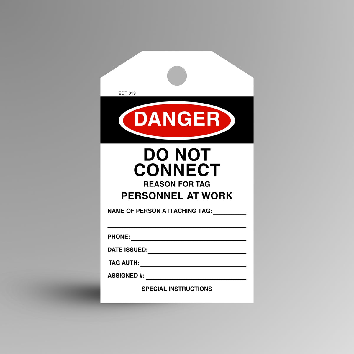 Red and black DANGER Do Not Connect safety tag on a gradient background, showing name, description, date and signature fields.