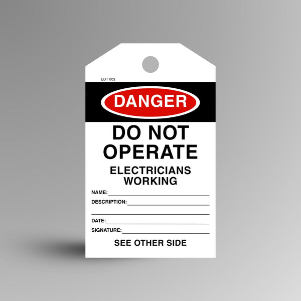 Red and black DANGER Do Not Operate, Electricians Working safety tag on a gradient background, showing name, description, date and signature fields.