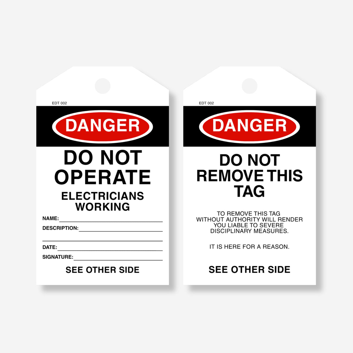 Front and back view of the Danger Do Not Operate, Electricians Working tag, showing sign-off fields on the front and a remarks section with "Do Not Remove This Tag" warning on the back.