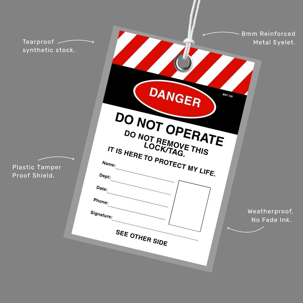 Front and back view of the BST 120 Danger Do Not Operate lockout tag showing worker detail fields and photo ID panel on the front, and energy source type, location of isolation point, permit to work reference, estimated completion, removed by and signature fields on the reverse.