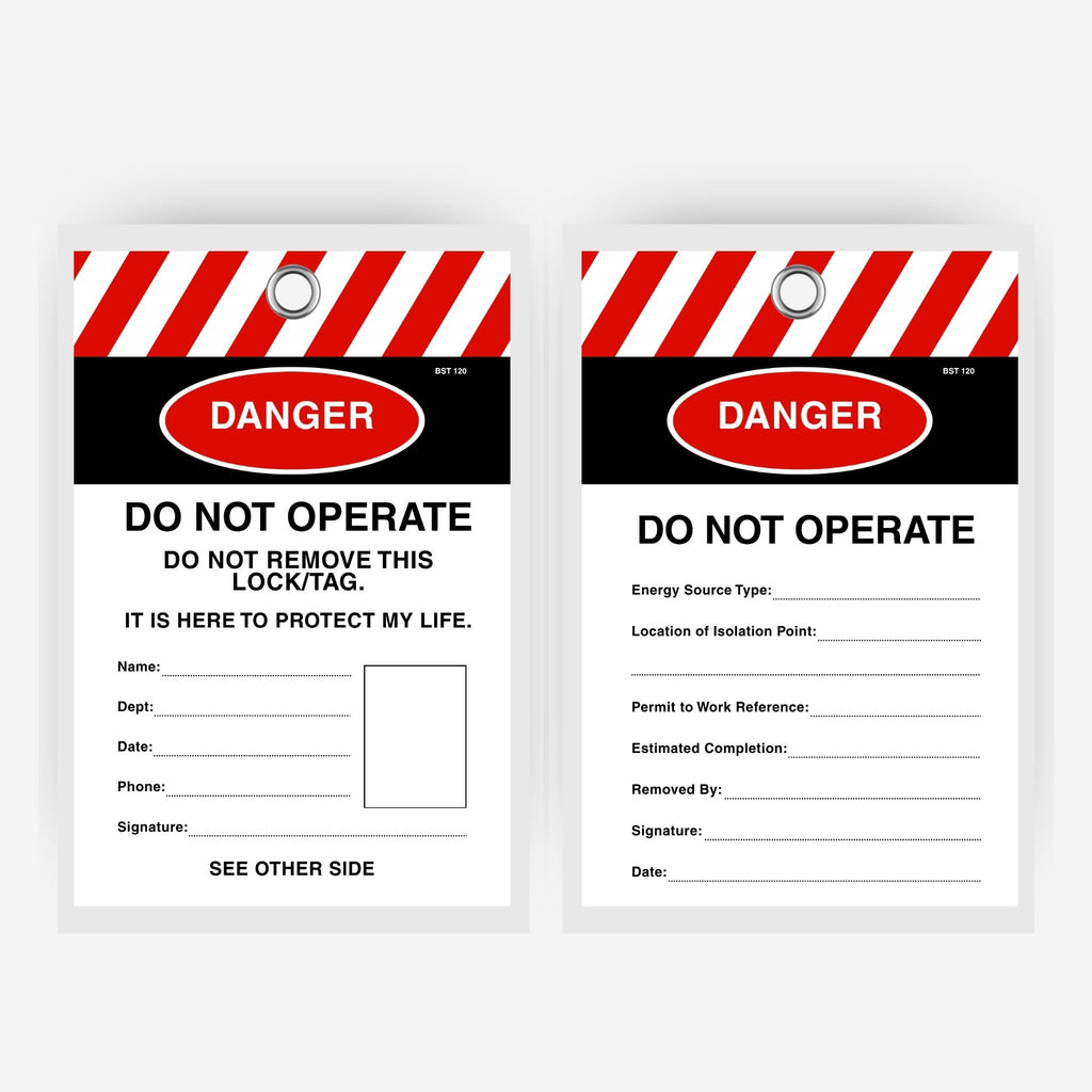 Front view of the BST 120 Danger Do Not Operate lockout tag showing red and white diagonal stripe header, red Danger oval, do not operate warning text, photo ID box and worker detail fields including name, department, date, phone and signature.