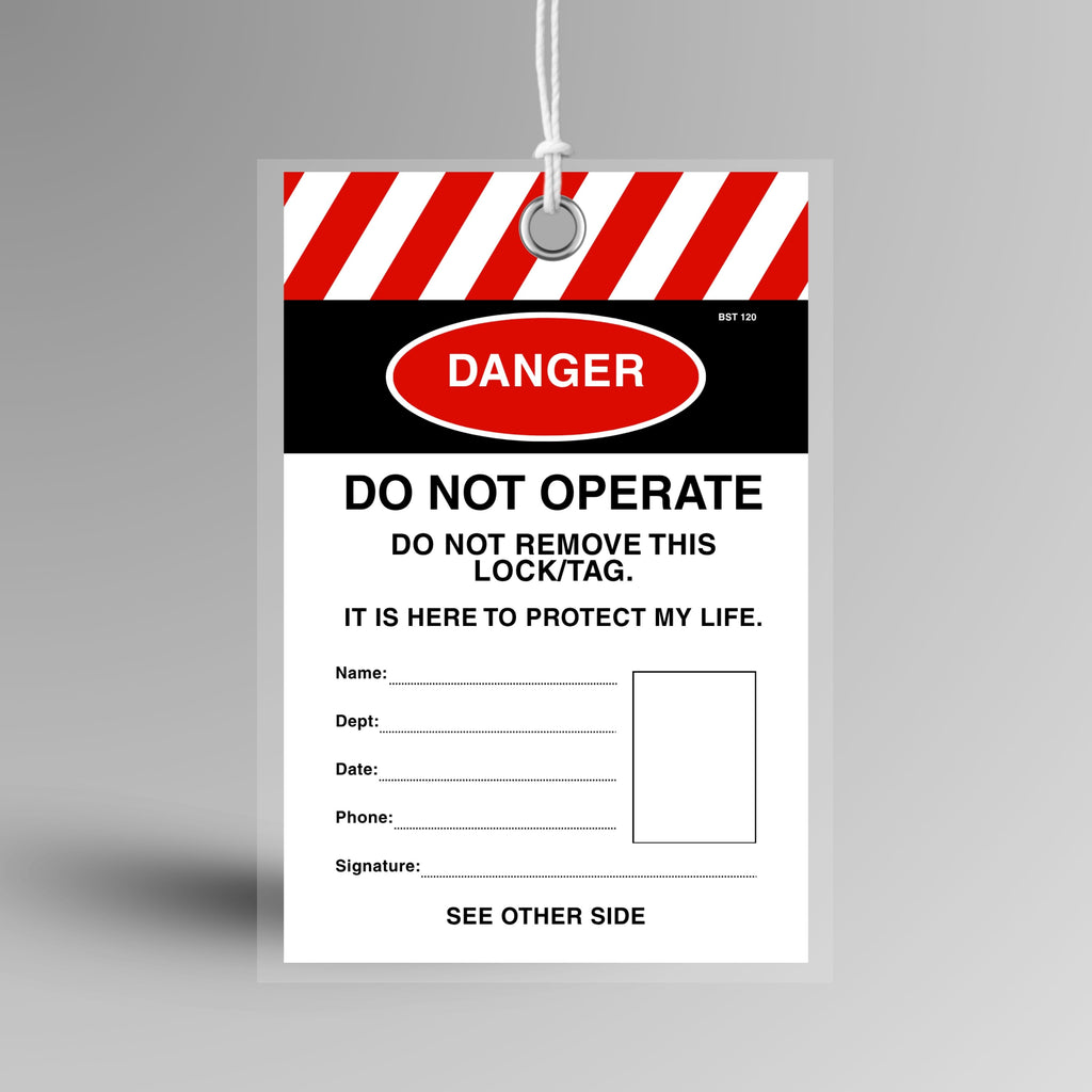 Red and white Danger Do Not Operate lockout tag with photo ID panel and fields for name, department, date, phone and signature. Features 8mm reinforced metal eyelet, tearproof synthetic stock, plastic tamper proof shield and weatherproof no fade ink.