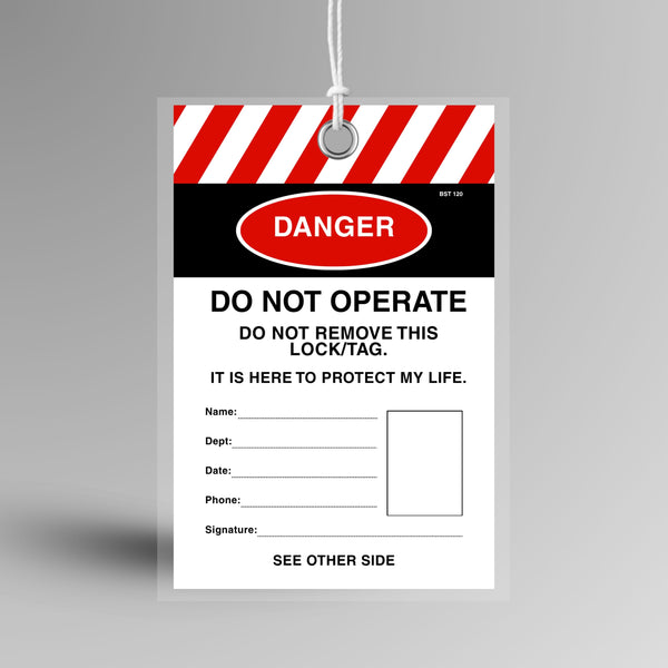 Red and white Danger Do Not Operate lockout tag with photo ID panel and fields for name, department, date, phone and signature. Features 8mm reinforced metal eyelet, tearproof synthetic stock, plastic tamper proof shield and weatherproof no fade ink.