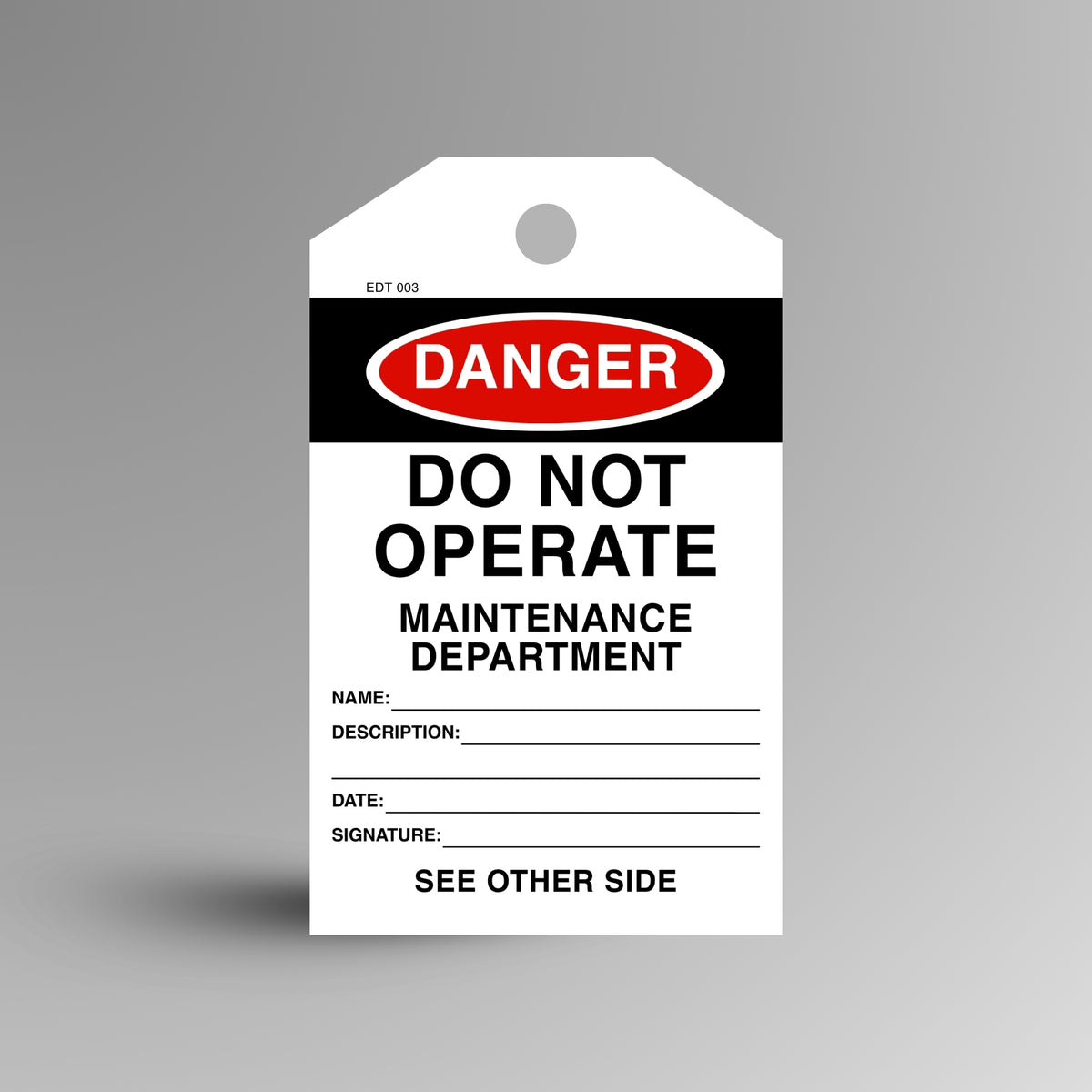 Red and black DANGER Do Not Operate, Maintenance Department safety tag on a gradient background, showing name, description, date and signature fields.
