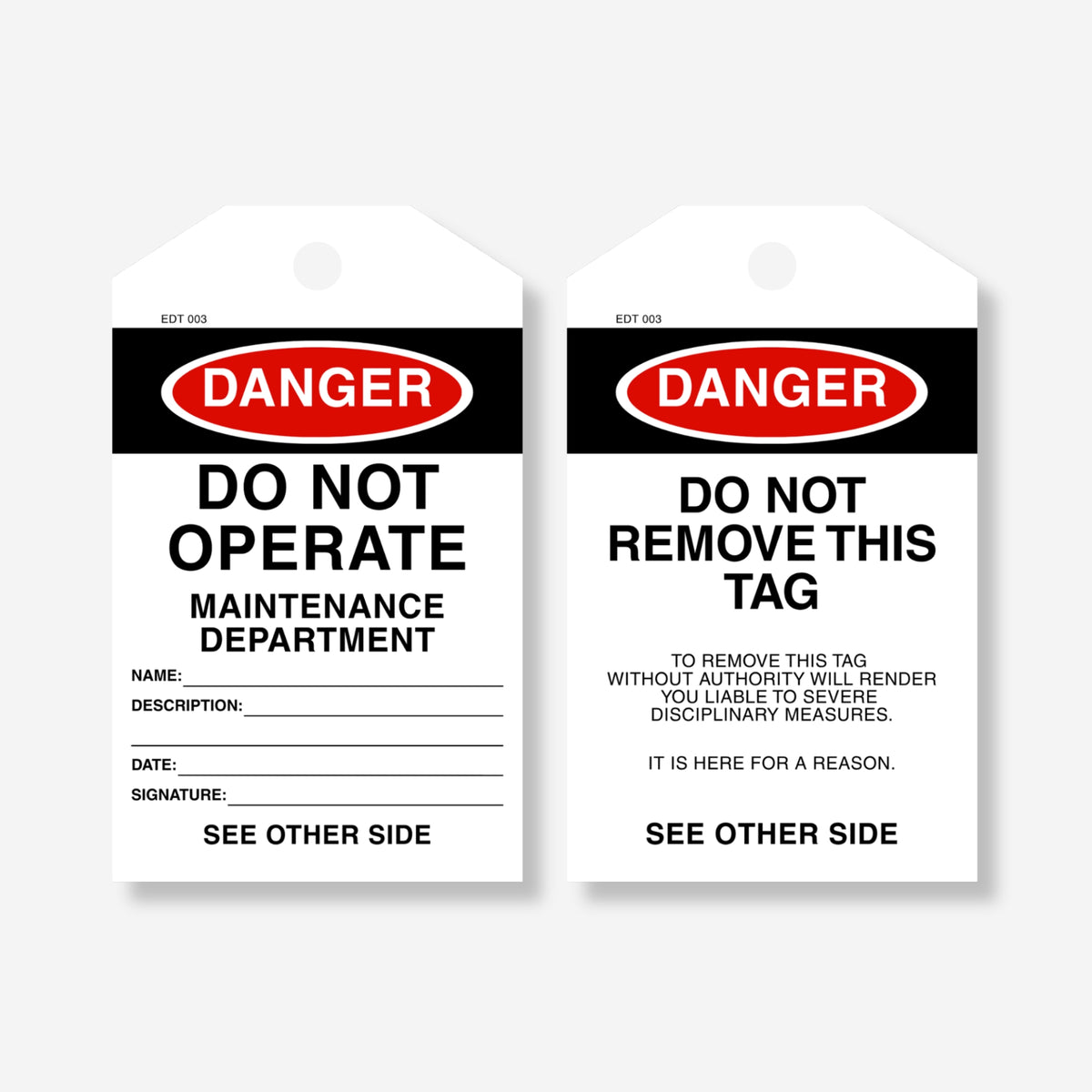 Front and back view of the Danger Do Not Operate, Maintenance Department tag, showing sign-off fields on the front and a remarks section with "Do Not Remove This Tag" warning on the back.