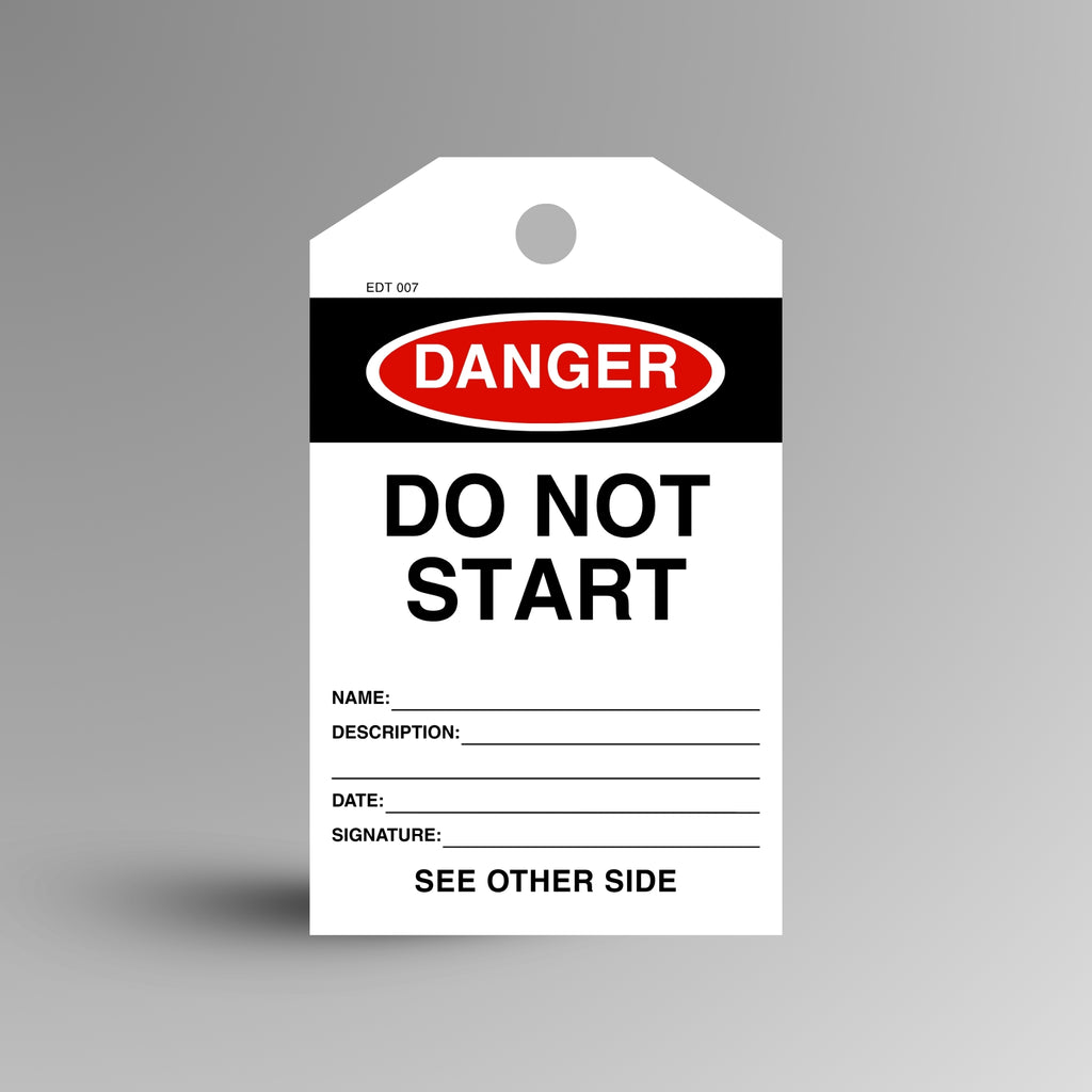 Red and black DANGER Do Not Start safety tag on a gradient background, showing name, description, date and signature fields.