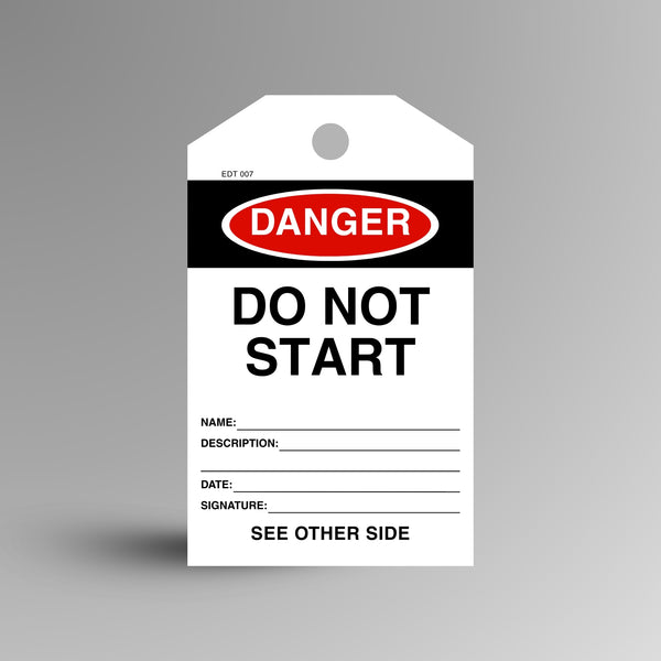 Red and black DANGER Do Not Start safety tag on a gradient background, showing name, description, date and signature fields.